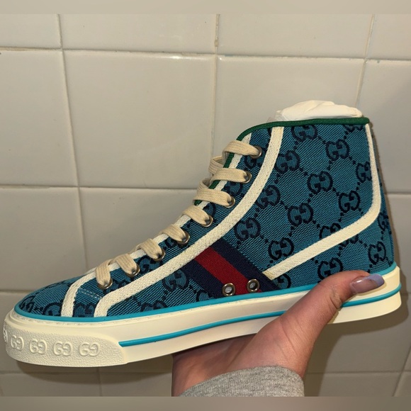 Gucci Teal/Blue Canvas Patterned High-Top Sneakers - Picture 11 of 16